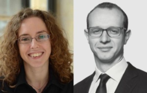 Woman with curly hair and glasses on left and man in suit with square glasses on right — both professional-style headshots 